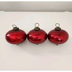 3 Kugel Style Red Crackle Glass Tear Drop Christmas Tree Ornament Heavy 4”